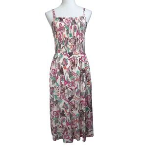 Old Navy Cami Midi Dress Womens Medium Pink Floral Smocked Tropical Resort Wear